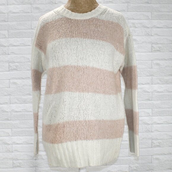AMERICAN EAGLE Sweater Wool Blend Knit Striped Cream Blush Fuzzy Oversized Small - Picture 1 of 13